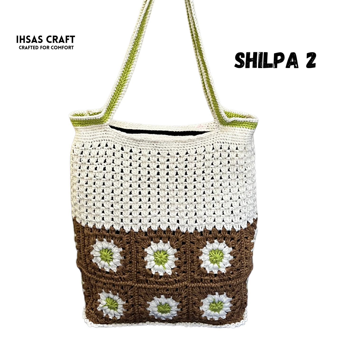 Ihsas Craft Kushikata Handmade Tote Bag – 12x12 Inch Traditional Crochet Square Bag Made with Samarian Yarn – Eco-Friendly, Colorful, Daily Use Tote for Women