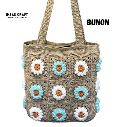 Ihsas Craft Kushikata Handmade Tote Bag – 12x12 Inch Traditional Crochet Square Bag Made with Samarian Yarn – Eco-Friendly, Colorful, Daily Use Tote for Women