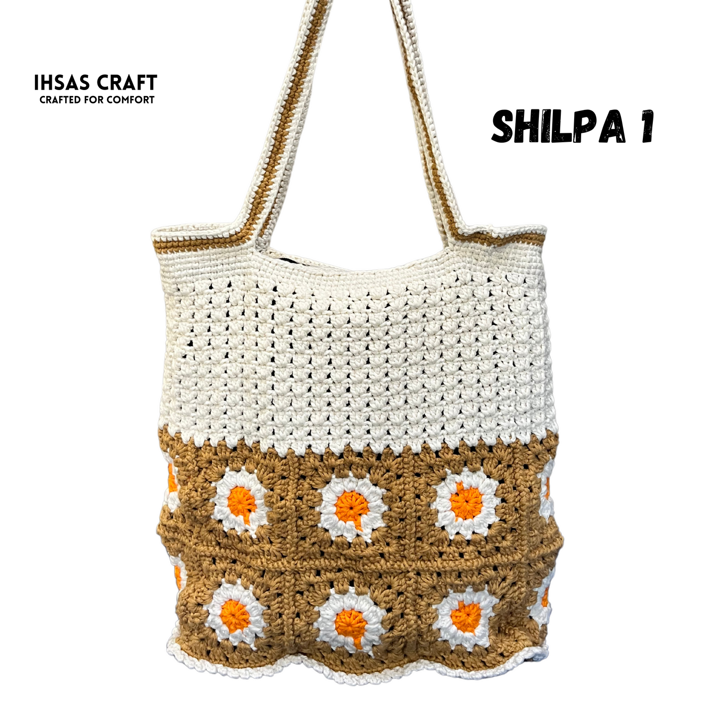 Ihsas Craft Kushikata Handmade Tote Bag – 12x12 Inch Traditional Crochet Square Bag Made with Samarian Yarn – Eco-Friendly, Colorful, Daily Use Tote for Women